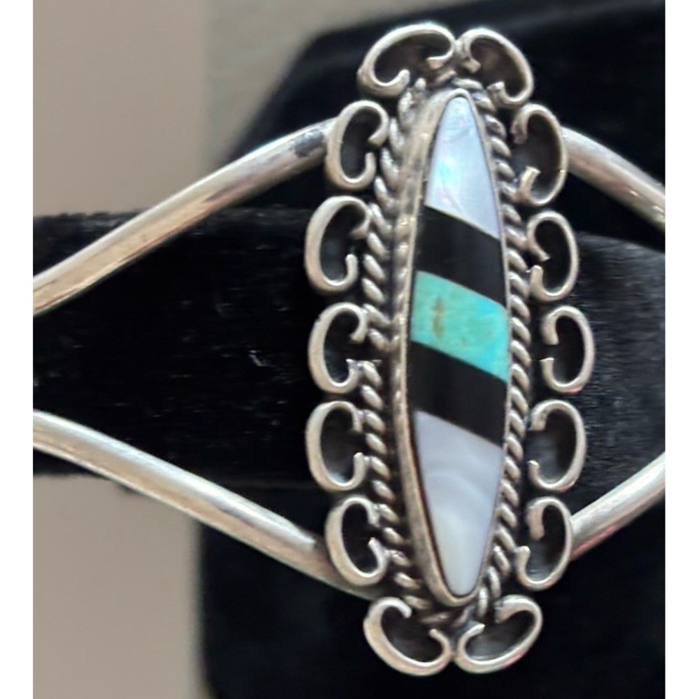 Vintage Mother of Pearl Black Onyx & Turquoise Sterling Silver Cuff Bracelet